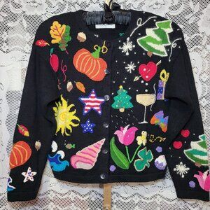 Jane's Closet All Holidays Embroidered Cardigan Sweater Black Size S